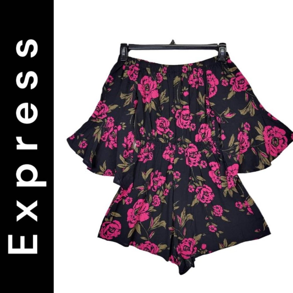 press Women's Black/Pink Floral Romper Short Elastic Waist Long Sleeve Sz XS